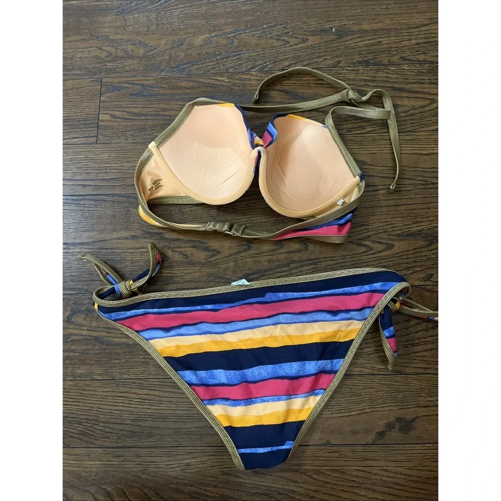 Aerie Striped Push Up Bikini Swimsuit Underwire 38D Large Tie Bottoms
